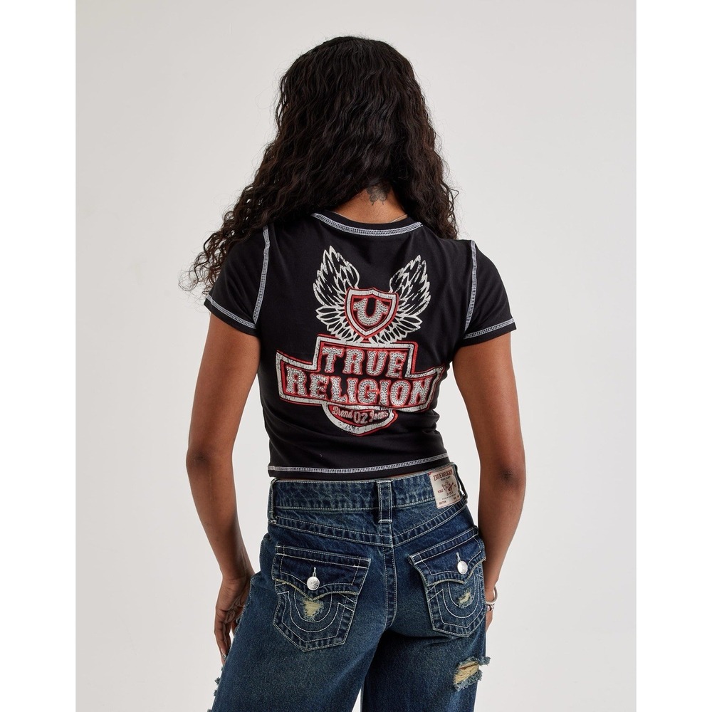 WOMENS TRUE RELIGION CONTRAST-STITCH WING BABY TEE SIZE MEDIUM